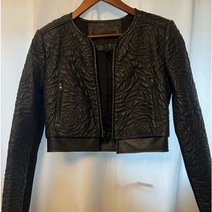 BCBG Max Azria black faux leather bomber jacket